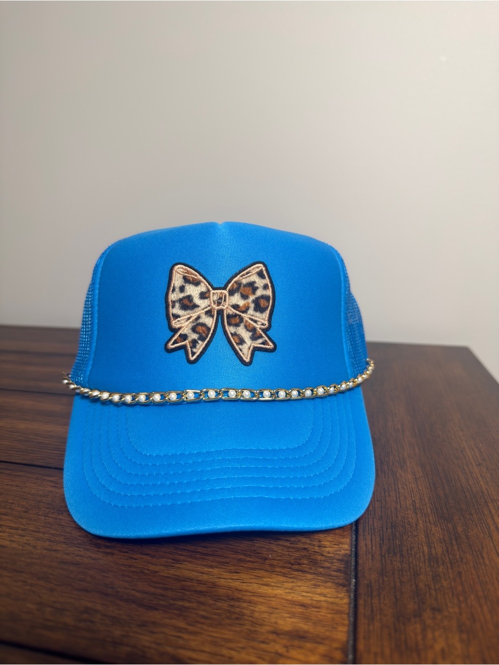 Blue Trucker Hat Mesh Back Leopard Bow Patch Rhinestone Accent Women